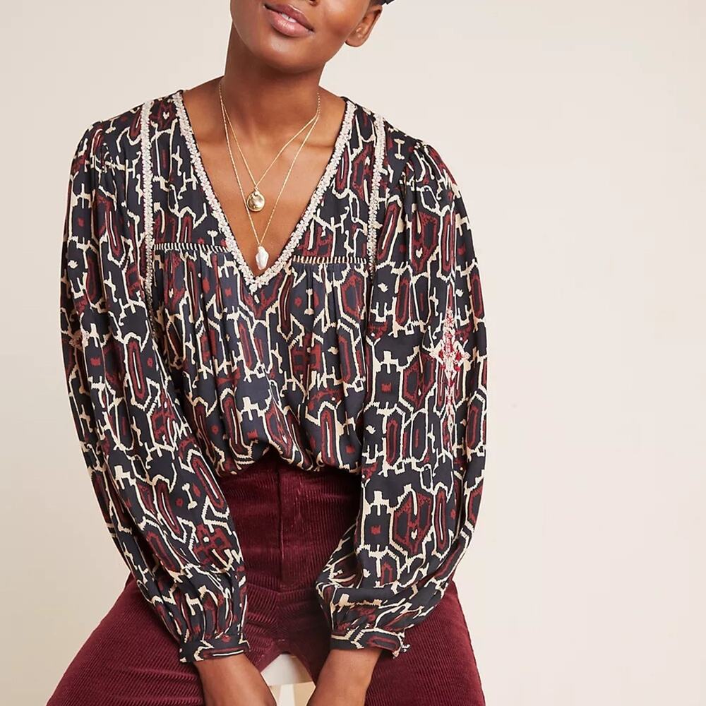 Anthropologie Maeve Veda Printed Embroidered Peasant Blouse Size XXS Petite